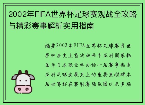 2002年FIFA世界杯足球赛观战全攻略与精彩赛事解析实用指南 2002年FIFA世界杯足球赛观战全攻略与精彩赛事解析实用指南